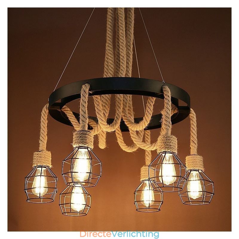Retro stijl 6-koppige hanglamp van henneptouw met ijzeren lampenkap