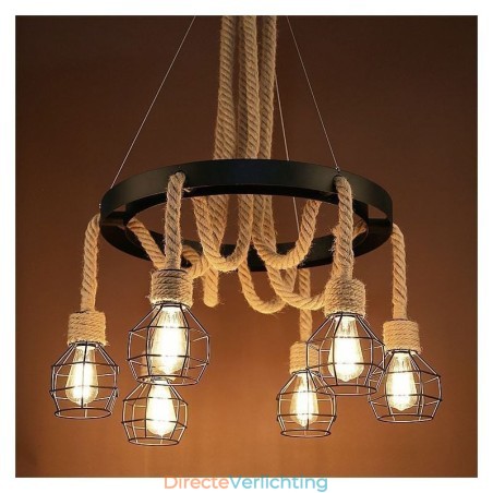Retro stijl 6-koppige hanglamp van henneptouw met ijzeren lampenkap Retro stijl 6-koppige hanglamp van henneptouw met ijzeren lampenkap