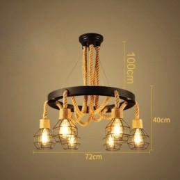 Retro stijl 6-koppige hanglamp van henneptouw met ijzeren lampenkap