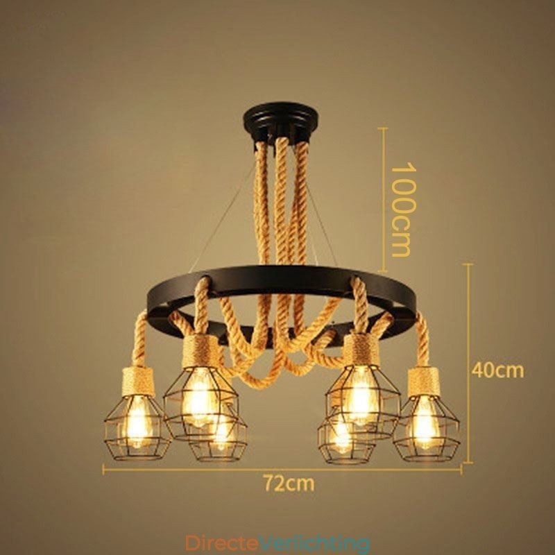 Retro stijl 6-koppige hanglamp van henneptouw met ijzeren lampenkap