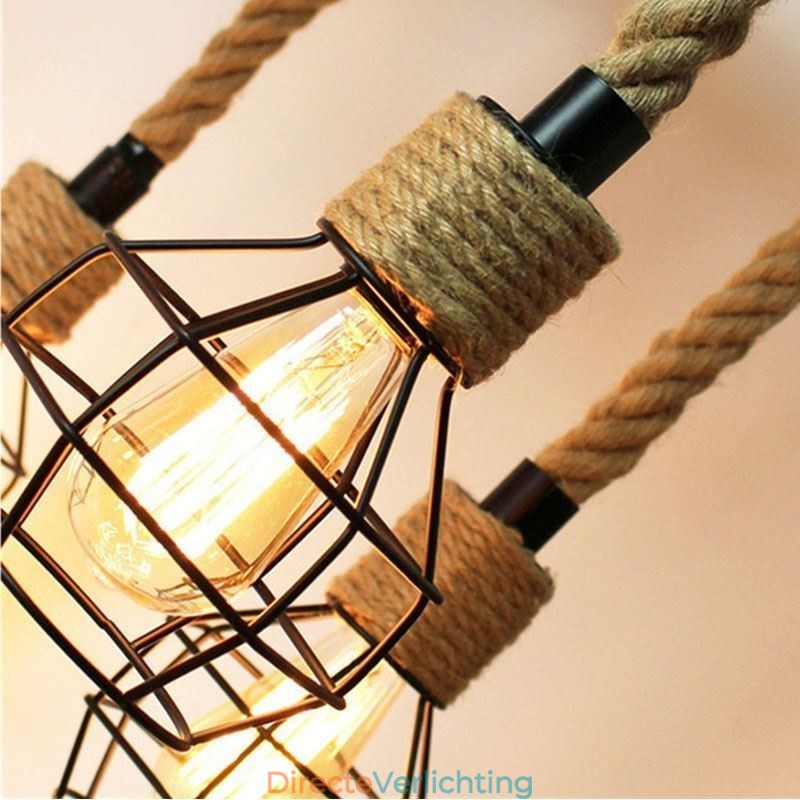 Retro stijl 6-koppige hanglamp van henneptouw met ijzeren lampenkap