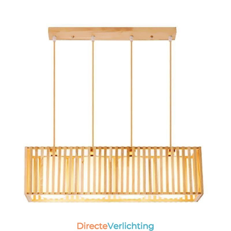 Minimalistische hanglamp in de vorm van een houten kooi