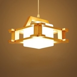 Hanglamp van eikenhout in Scandinavische stijl met lampenkap van matglas Cafe