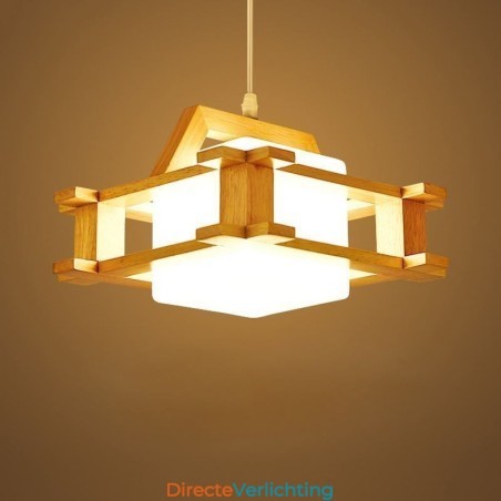 Hanglamp van eikenhout in Scandinavische stijl met lampenkap van matglas Cafe Hanglamp van eikenhout in Scandinavische stijl met lampenkap van matglas Cafe