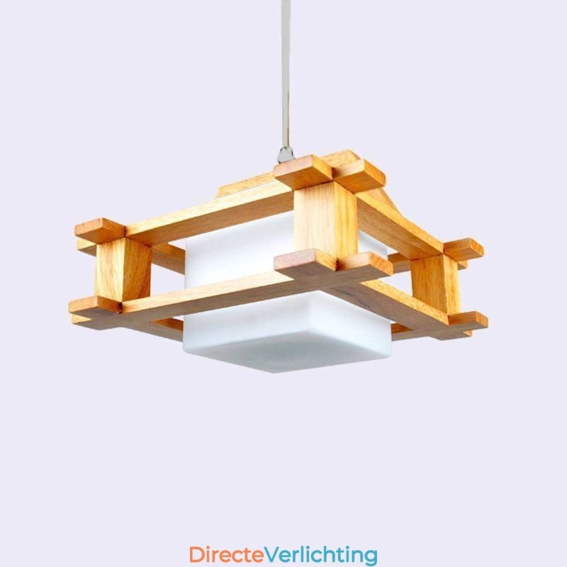 Hanglamp van eikenhout in Scandinavische stijl met lampenkap van matglas Cafe