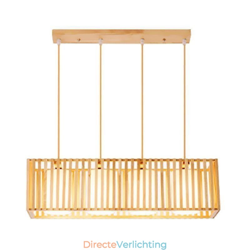 Minimalistische hanglamp in de vorm van een houten kooi