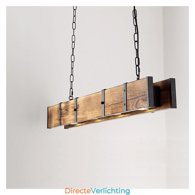 Hanglamp in industriële stijl, rechthoekig, houten plafondlamp, eiland