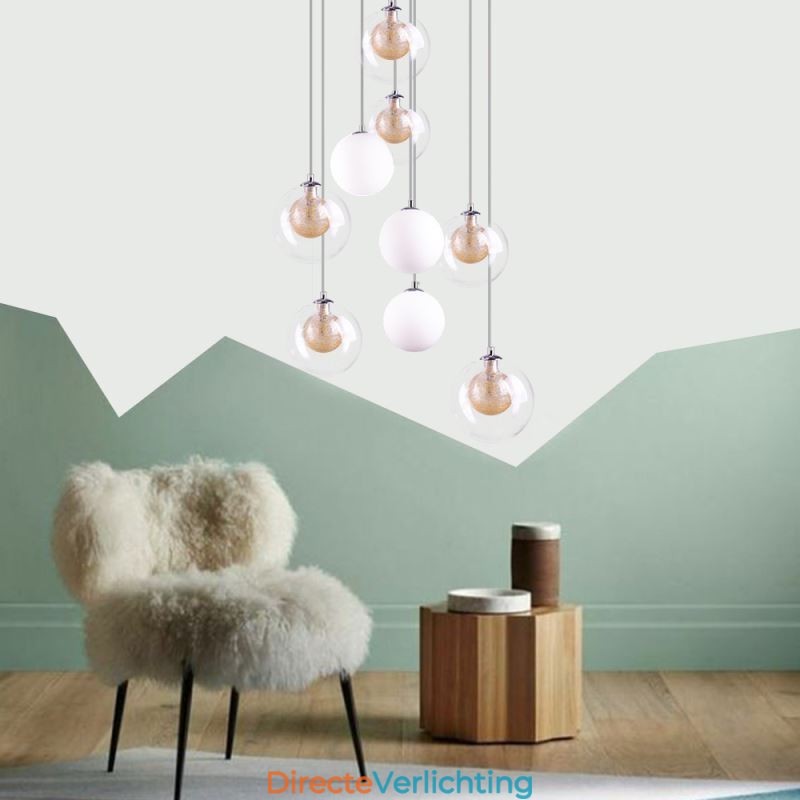 Hanglamp Glazen Cluster Plafondlamp Goud Nikkel Geborsteld + Melkachtig Glazen Bol