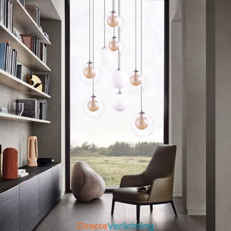 Hanglamp Glazen Cluster Plafondlamp Goud Nikkel Geborsteld + Melkachtig Glazen Bol