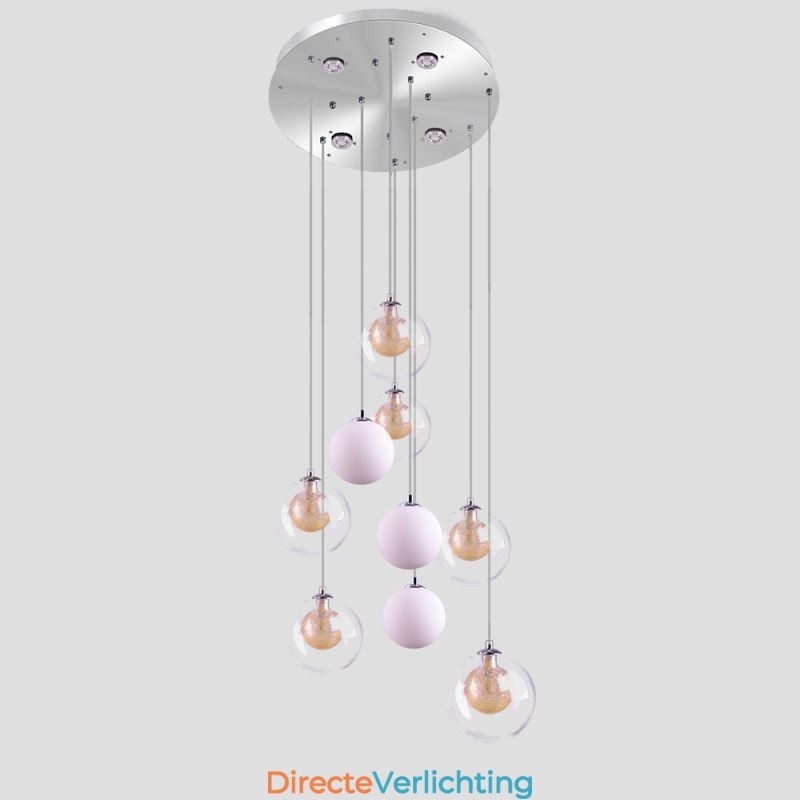 Hanglamp Glazen Cluster Plafondlamp Goud Nikkel Geborsteld + Melkachtig Glazen Bol