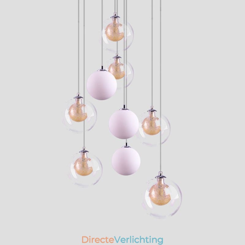 Hanglamp Glazen Cluster Plafondlamp Goud Nikkel Geborsteld + Melkachtig Glazen Bol