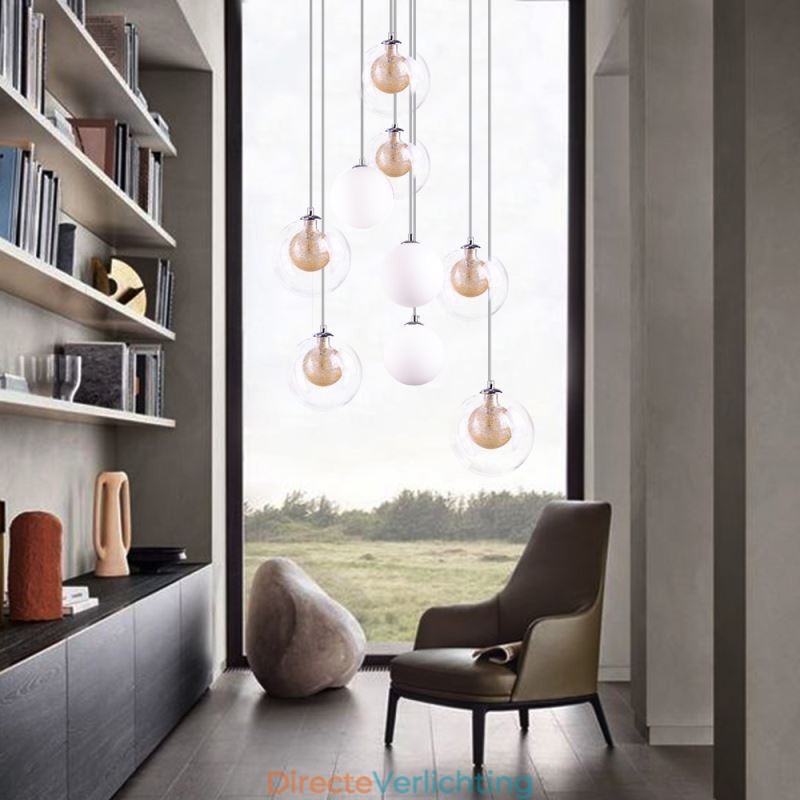 Hanglamp Glazen Cluster Plafondlamp Goud Nikkel Geborsteld + Melkachtig Glazen Bol
