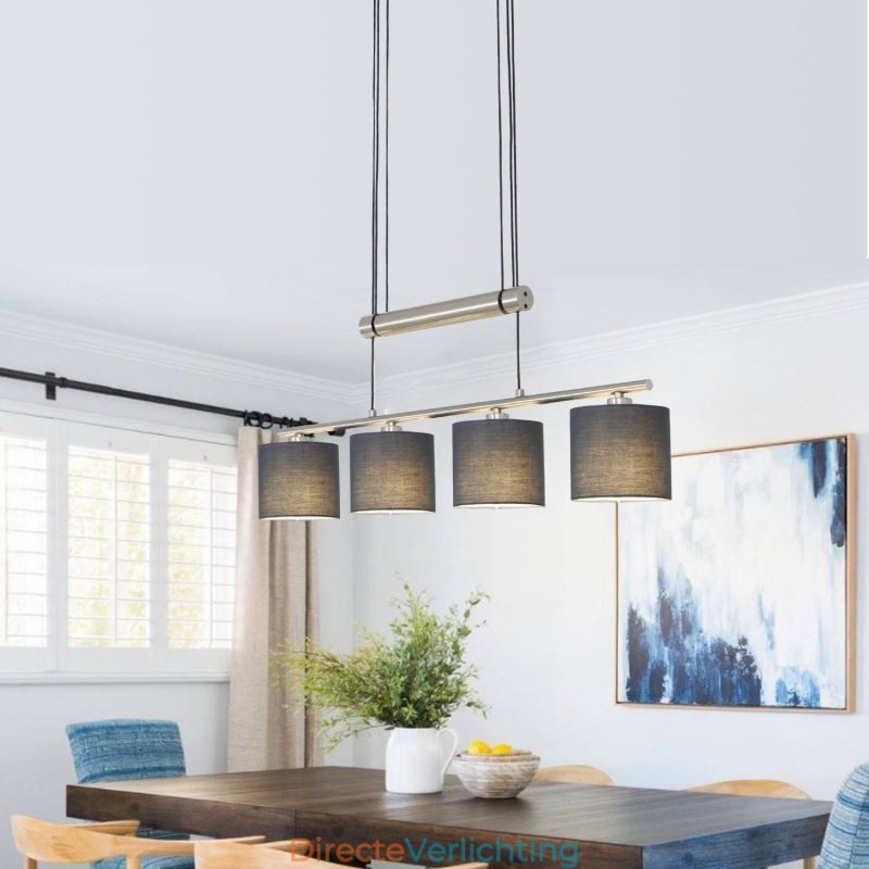 Moderne hanglamp met 4 lampen en stoffen kap, in hoogte verstelbaar