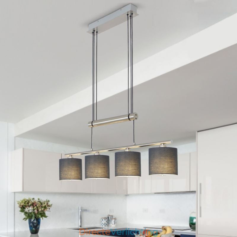 Moderne hanglamp met 4 lampen en stoffen kap, in hoogte verstelbaar