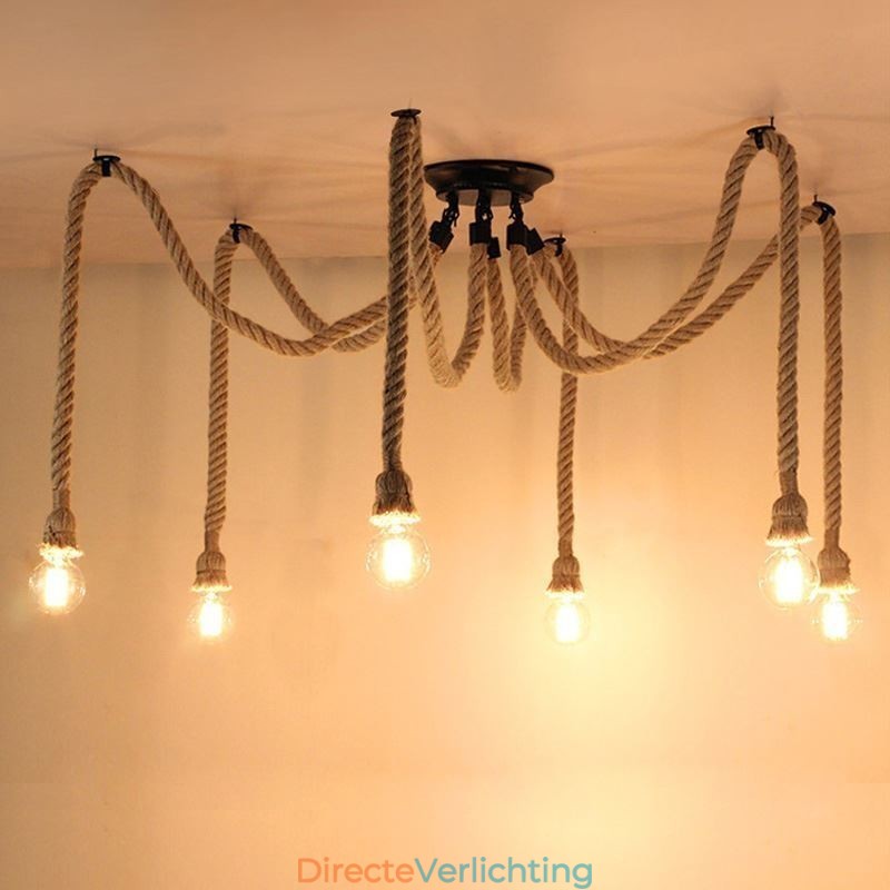Retro Stijl 6 10 Hoofden Hanglamp Hennep Touw Kroonluchter Vintage Plafondlamp