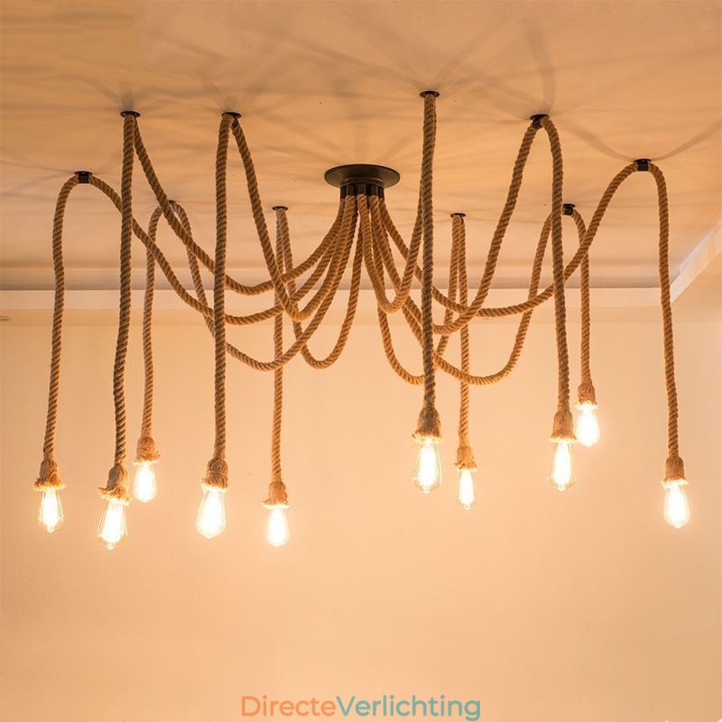 Retro Stijl 6 10 Hoofden Hanglamp Hennep Touw Kroonluchter Vintage Plafondlamp