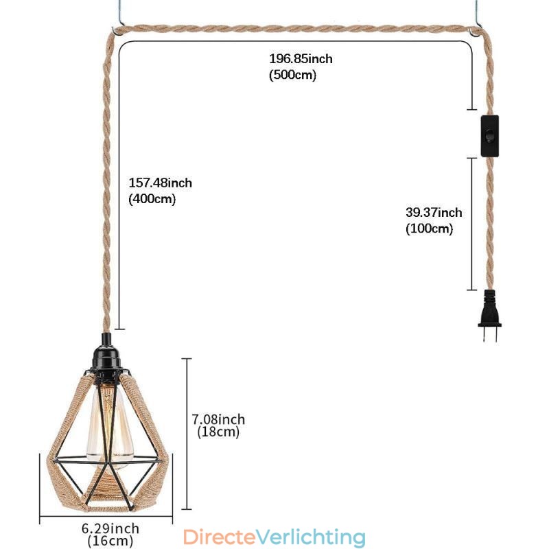 Retro hanglamp henneptouw plafondlamp 5M ophangdraad