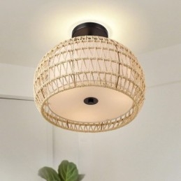 Papieren touw stoffen plafondlamp 32cm ronde lampenkap 3 lampen