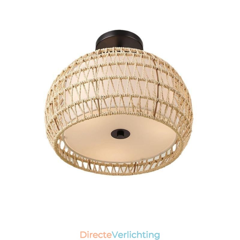Papieren touw stoffen plafondlamp 32cm ronde lampenkap 3 lampen