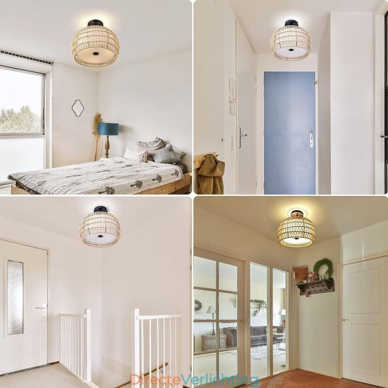Papieren touw stoffen plafondlamp 32cm ronde lampenkap 3 lampen