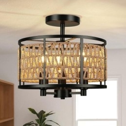 Retro Plafondlamp Zwart Ijzeren Papier Touw Plafondlamp 3 Lampen