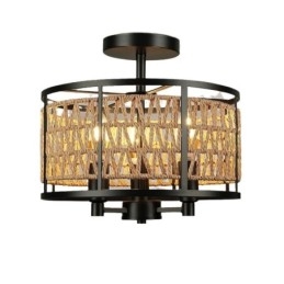 Retro Plafondlamp Zwart Ijzeren Papier Touw Plafondlamp 3 Lampen