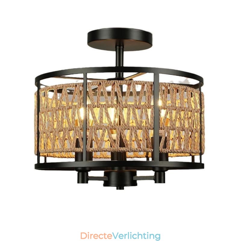Retro Plafondlamp Zwart Ijzeren Papier Touw Plafondlamp 3 Lampen