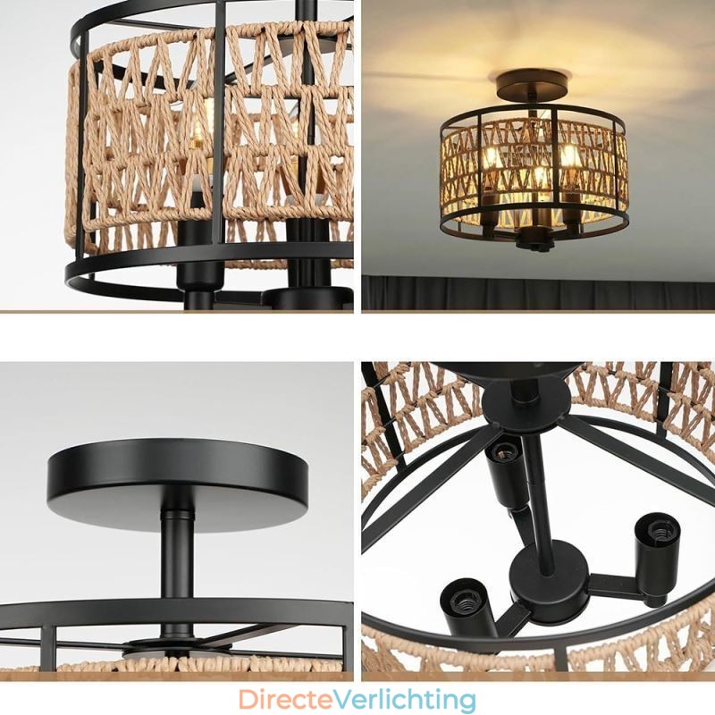 Retro Plafondlamp Zwart Ijzeren Papier Touw Plafondlamp 3 Lampen