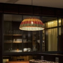 Hanglamp van bamboe en rotan, kleurrijke gestreepte interval, handgeweven lampenkap, plafondlamp