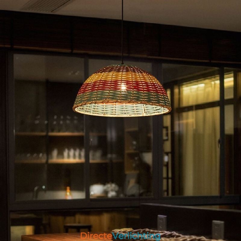 Hanglamp van bamboe en rotan, kleurrijke gestreepte interval, handgeweven lampenkap, plafondlamp