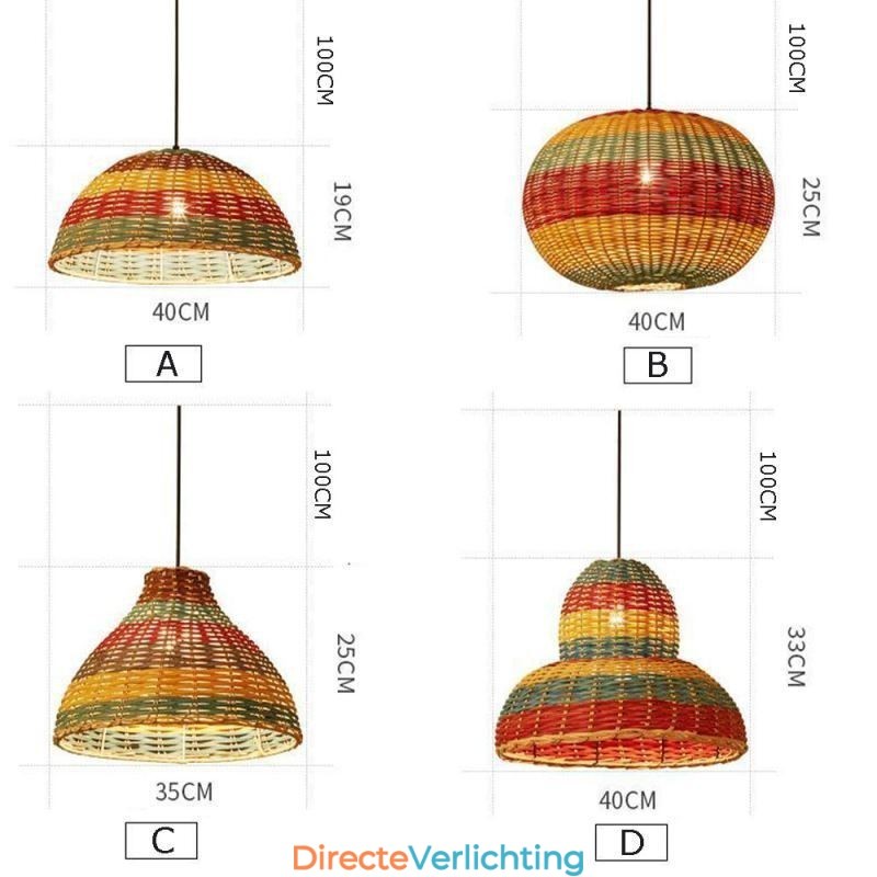 Hanglamp van bamboe en rotan, kleurrijke gestreepte interval, handgeweven lampenkap, plafondlamp