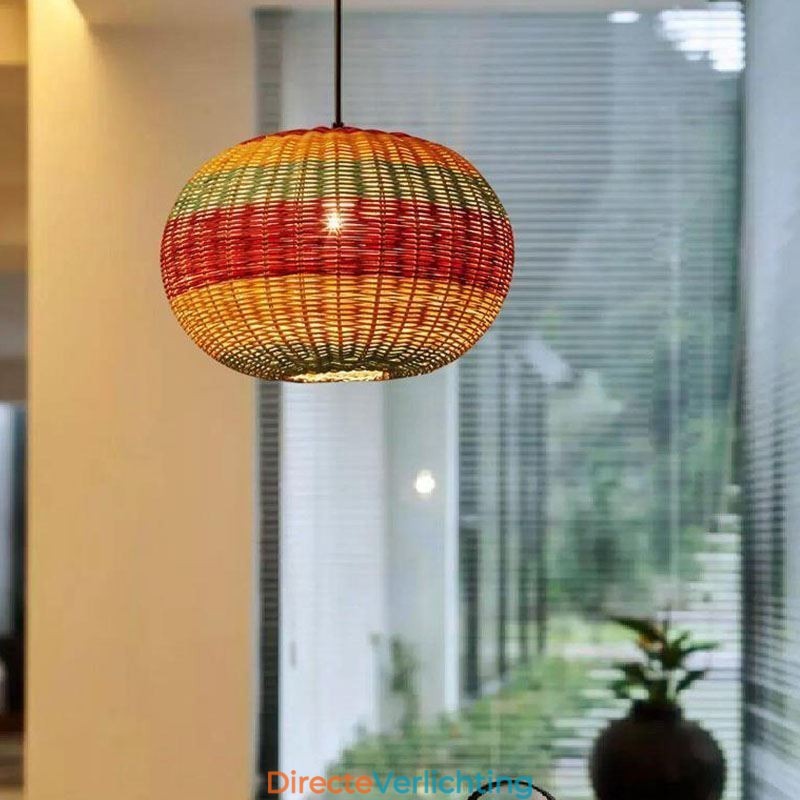 Hanglamp van bamboe en rotan, kleurrijke gestreepte interval, handgeweven lampenkap, plafondlamp