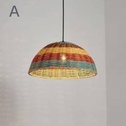 Hanglamp van bamboe en rotan, kleurrijke gestreepte interval, handgeweven lampenkap, plafondlamp