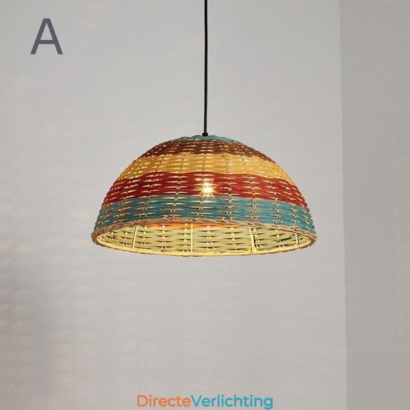 Hanglamp van bamboe en rotan, kleurrijke gestreepte interval, handgeweven lampenkap, plafondlamp