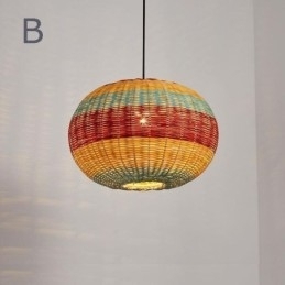 Hanglamp van bamboe en rotan, kleurrijke gestreepte interval, handgeweven lampenkap, plafondlamp