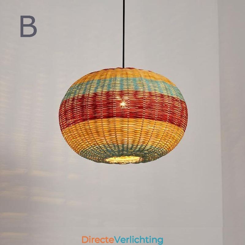 Hanglamp van bamboe en rotan, kleurrijke gestreepte interval, handgeweven lampenkap, plafondlamp