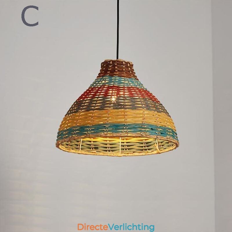 Hanglamp van bamboe en rotan, kleurrijke gestreepte interval, handgeweven lampenkap, plafondlamp