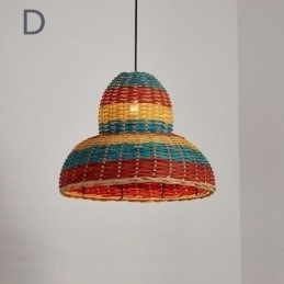 Hanglamp van bamboe en rotan, kleurrijke gestreepte interval, handgeweven lampenkap, plafondlamp