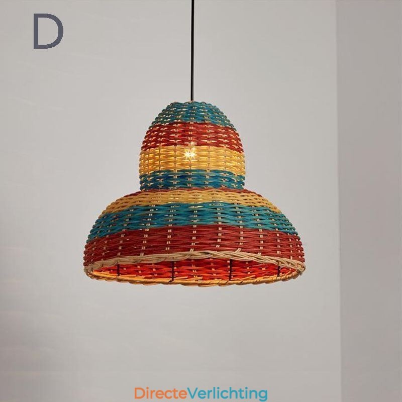 Hanglamp van bamboe en rotan, kleurrijke gestreepte interval, handgeweven lampenkap, plafondlamp