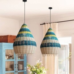 Hanglamp van bamboe en rotan met gestreepte tussenruimte, handgeweven lampenkap, plafondlamp
