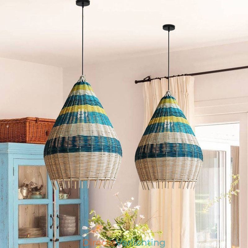 Hanglamp van bamboe en rotan met gestreepte tussenruimte, handgeweven lampenkap, plafondlamp