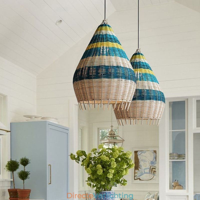 Hanglamp van bamboe en rotan met gestreepte tussenruimte, handgeweven lampenkap, plafondlamp