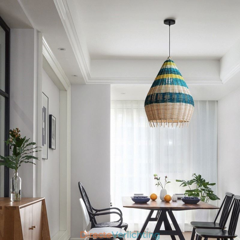 Hanglamp van bamboe en rotan met gestreepte tussenruimte, handgeweven lampenkap, plafondlamp