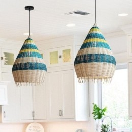 Hanglamp van bamboe en rotan met gestreepte tussenruimte, handgeweven lampenkap, plafondlamp