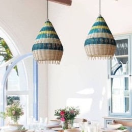 Hanglamp van bamboe en rotan met gestreepte tussenruimte, handgeweven lampenkap, plafondlamp