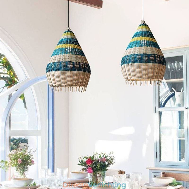 Hanglamp van bamboe en rotan met gestreepte tussenruimte, handgeweven lampenkap, plafondlamp