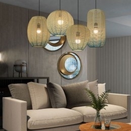Hanglamp van papiertouw, retro landelijke plafondlamp met gradiënt in blauw
