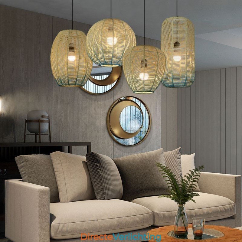 Hanglamp van papiertouw, retro landelijke plafondlamp met gradiënt in blauw