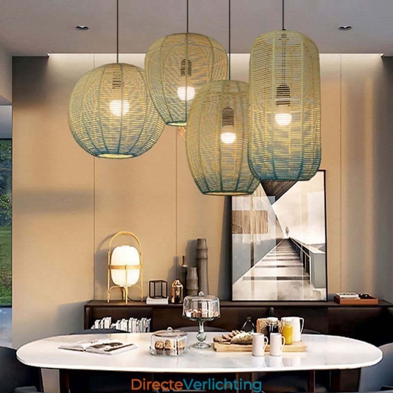 Hanglamp van papiertouw, retro landelijke plafondlamp met gradiënt in blauw