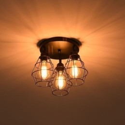 Industriële plafondlamp met 3 lampen in de vorm van een metalen kooi